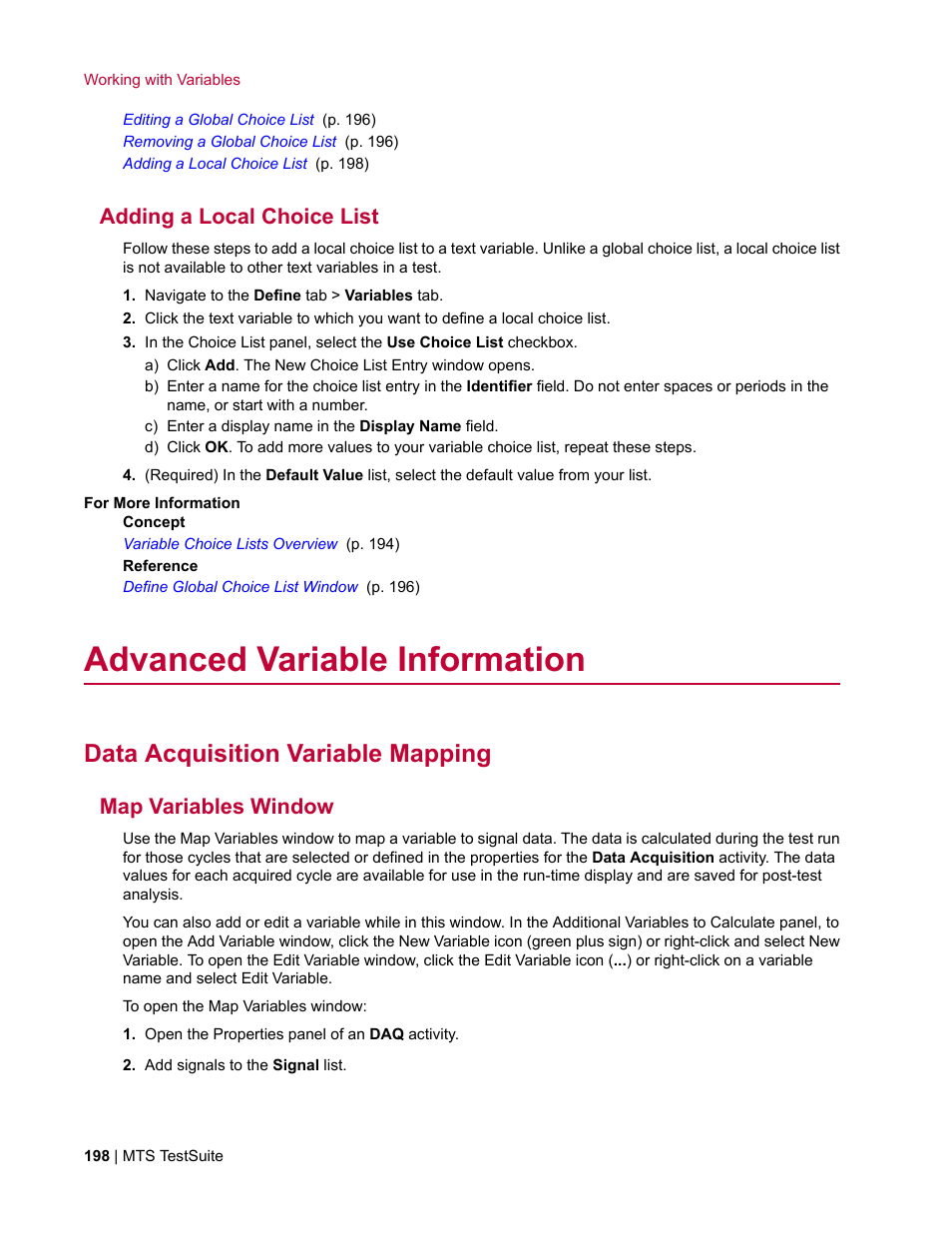 Adding a local choice list, Advanced variable information, Data acquisition variable mapping | Map variables window | MTS Multipurpose Elite User Manual | Page 198 / 662