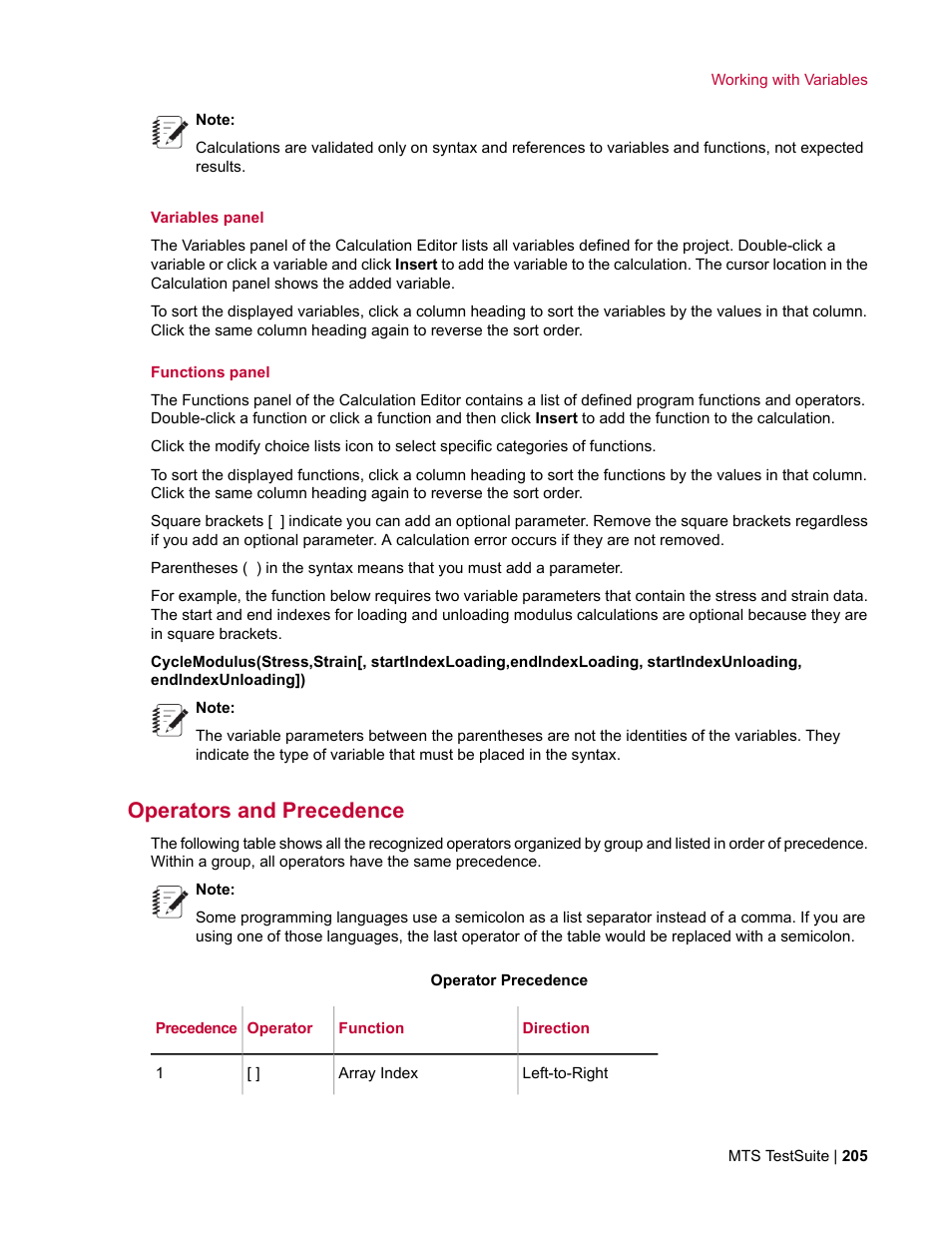 Operators and precedence | MTS Multipurpose Elite User Manual | Page 205 / 662