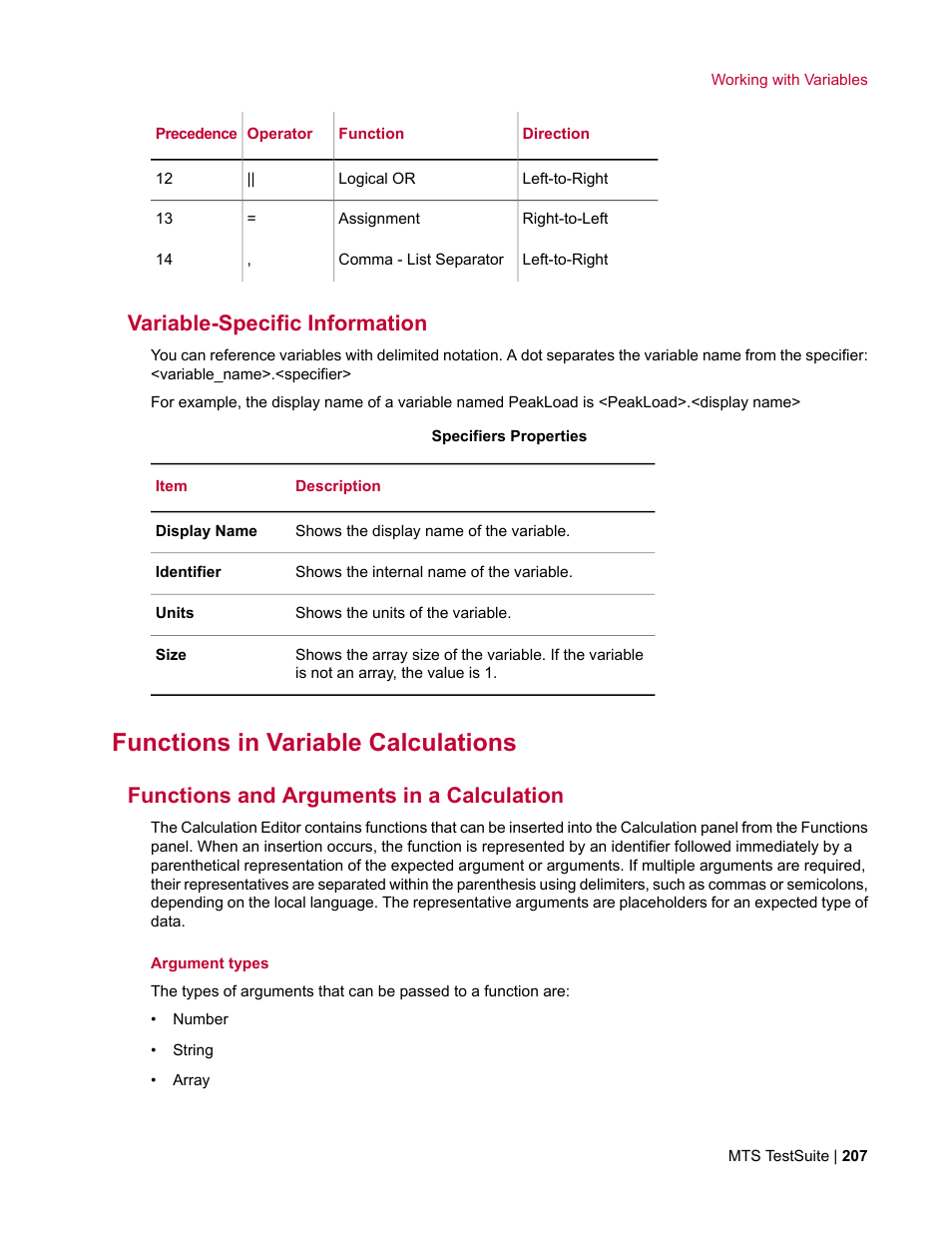 Variable-specific information, Functions in variable calculations, Functions and arguments in a calculation | MTS Multipurpose Elite User Manual | Page 207 / 662