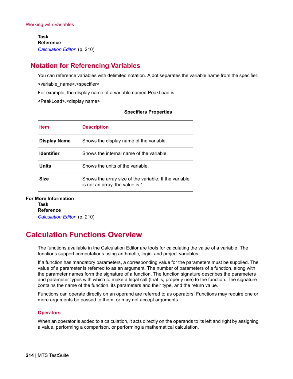 Notation for referencing variables, Calculation functions overview | MTS Multipurpose Elite User Manual | Page 214 / 662