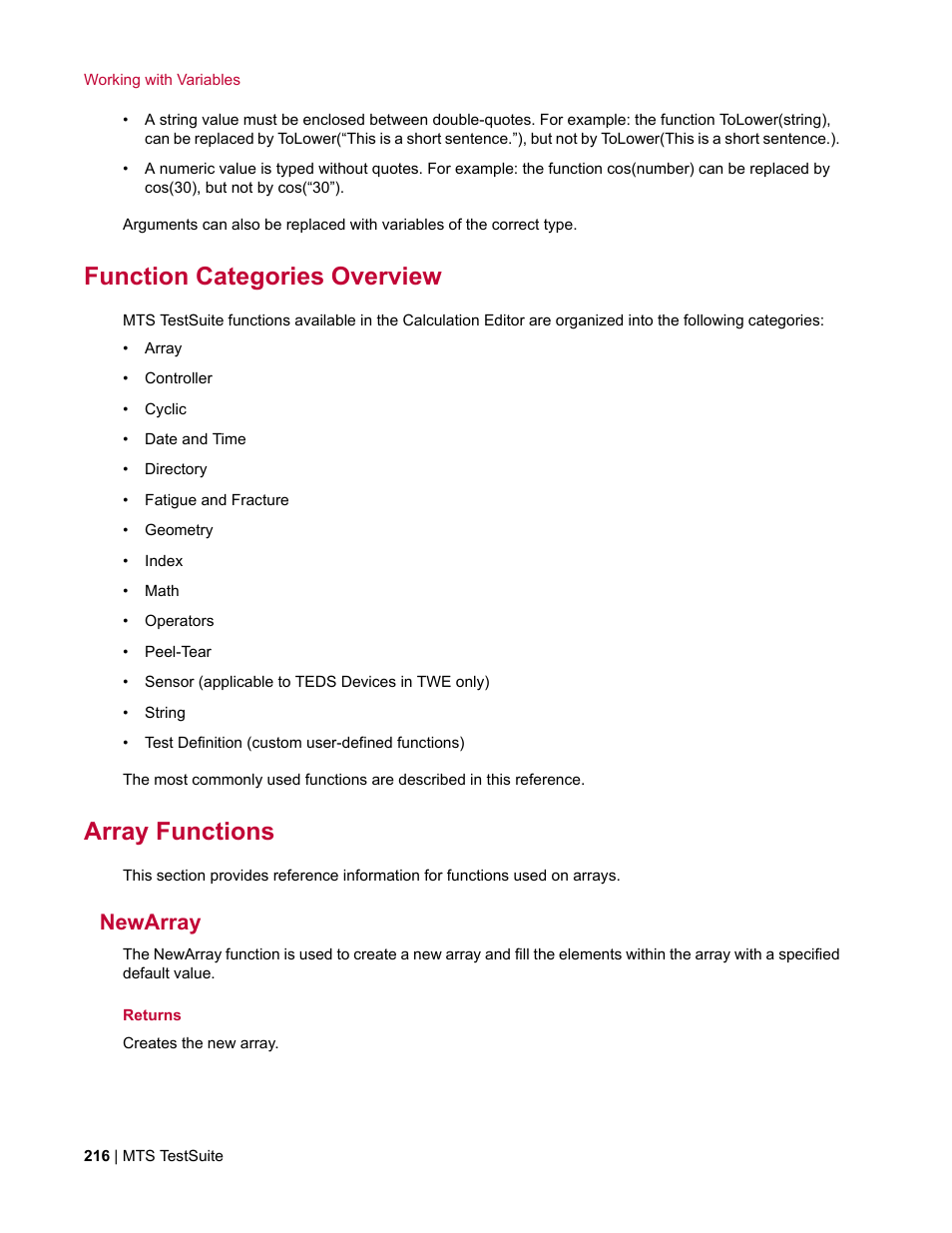 Function categories overview, Array functions, Newarray | MTS Multipurpose Elite User Manual | Page 216 / 662