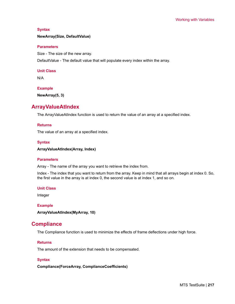 Arrayvalueatindex, Compliance | MTS Multipurpose Elite User Manual | Page 217 / 662