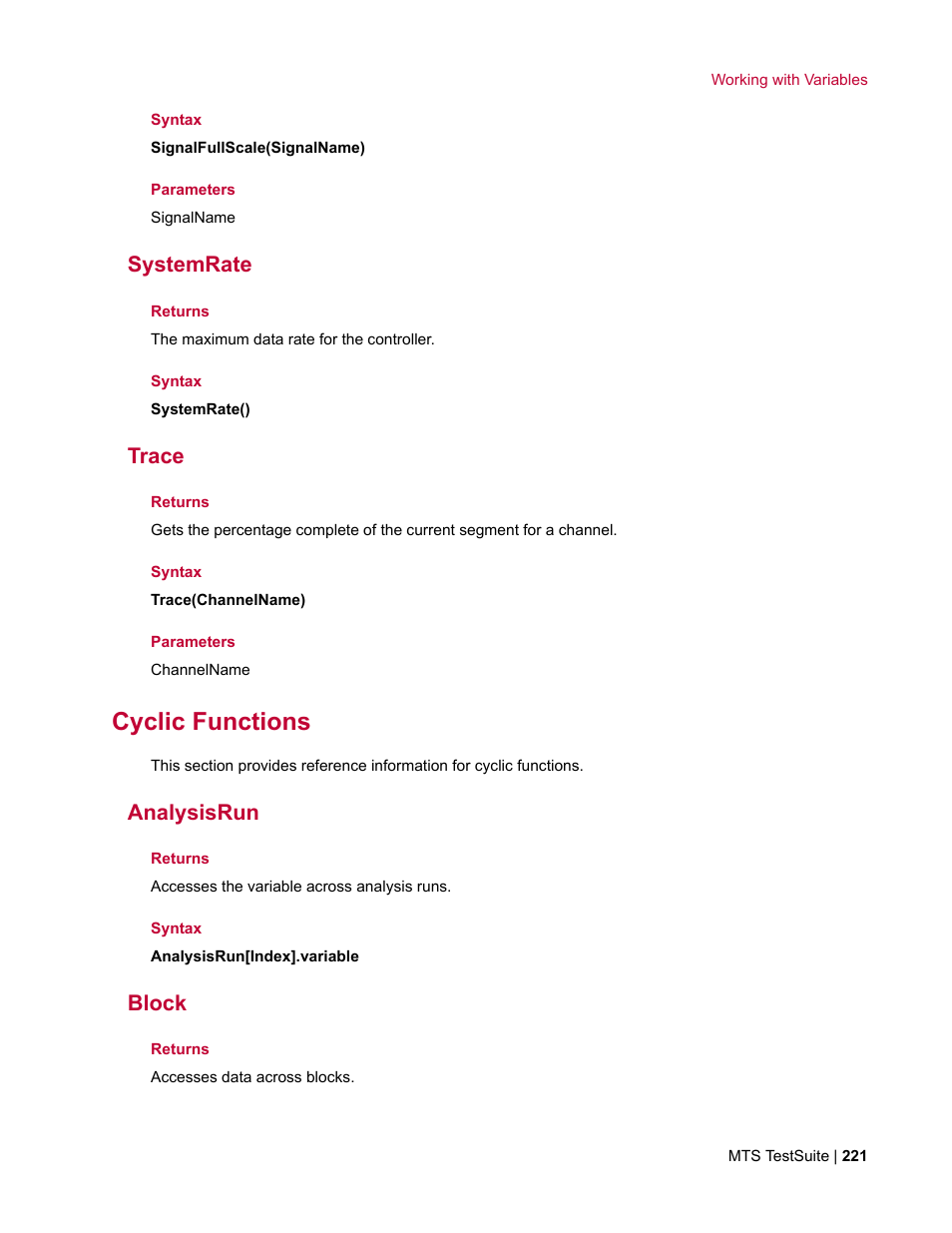 Systemrate, Trace, Cyclic functions | Analysisrun, Block | MTS Multipurpose Elite User Manual | Page 221 / 662