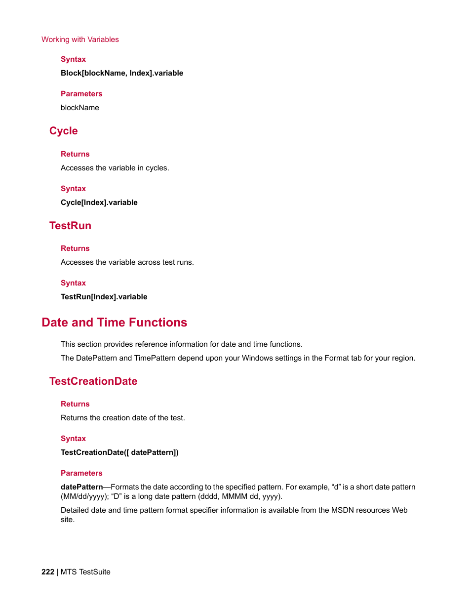 Cycle, Testrun, Date and time functions | Testcreationdate | MTS Multipurpose Elite User Manual | Page 222 / 662