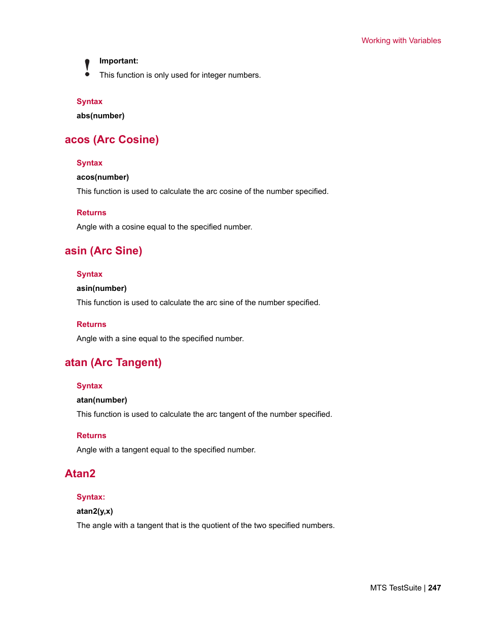 Acos (arc cosine), Asin (arc sine), Atan (arc tangent) | Atan2 | MTS Multipurpose Elite User Manual | Page 247 / 662