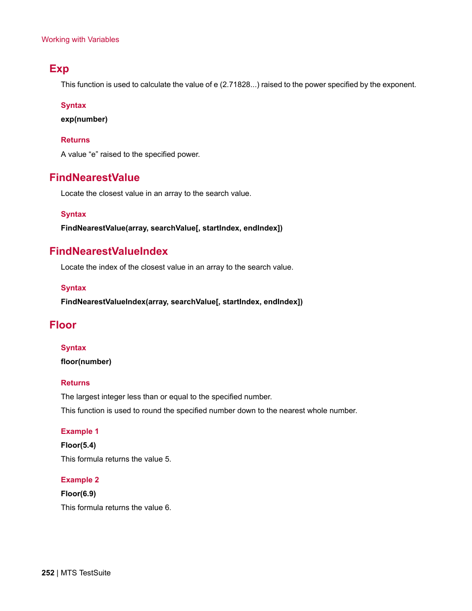 Findnearestvalue, Findnearestvalueindex, Floor | MTS Multipurpose Elite User Manual | Page 252 / 662