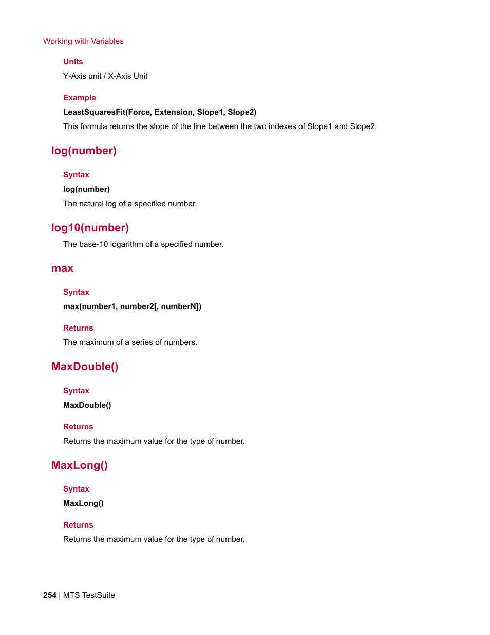 Log(number), Log10(number), Maxdouble() | Maxlong() | MTS Multipurpose Elite User Manual | Page 254 / 662