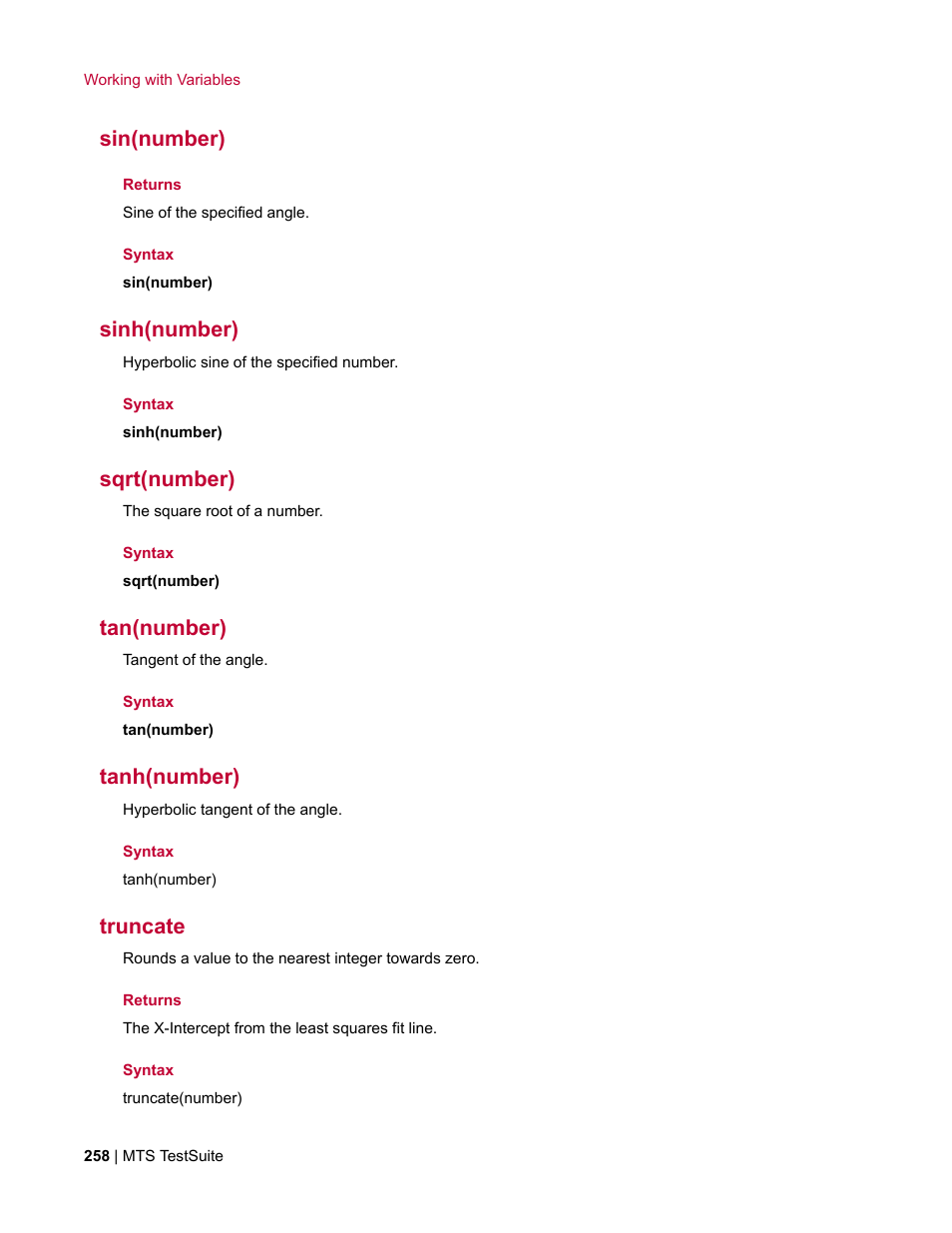 Sin(number), Sinh(number), Sqrt(number) | Tan(number), Tanh(number), Truncate | MTS Multipurpose Elite User Manual | Page 258 / 662