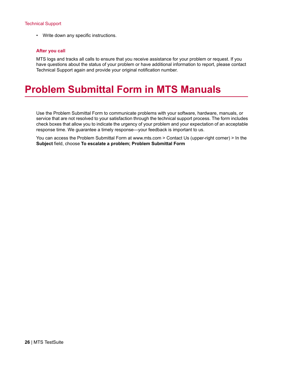 Problem submittal form in mts manuals | MTS Multipurpose Elite User Manual | Page 26 / 662