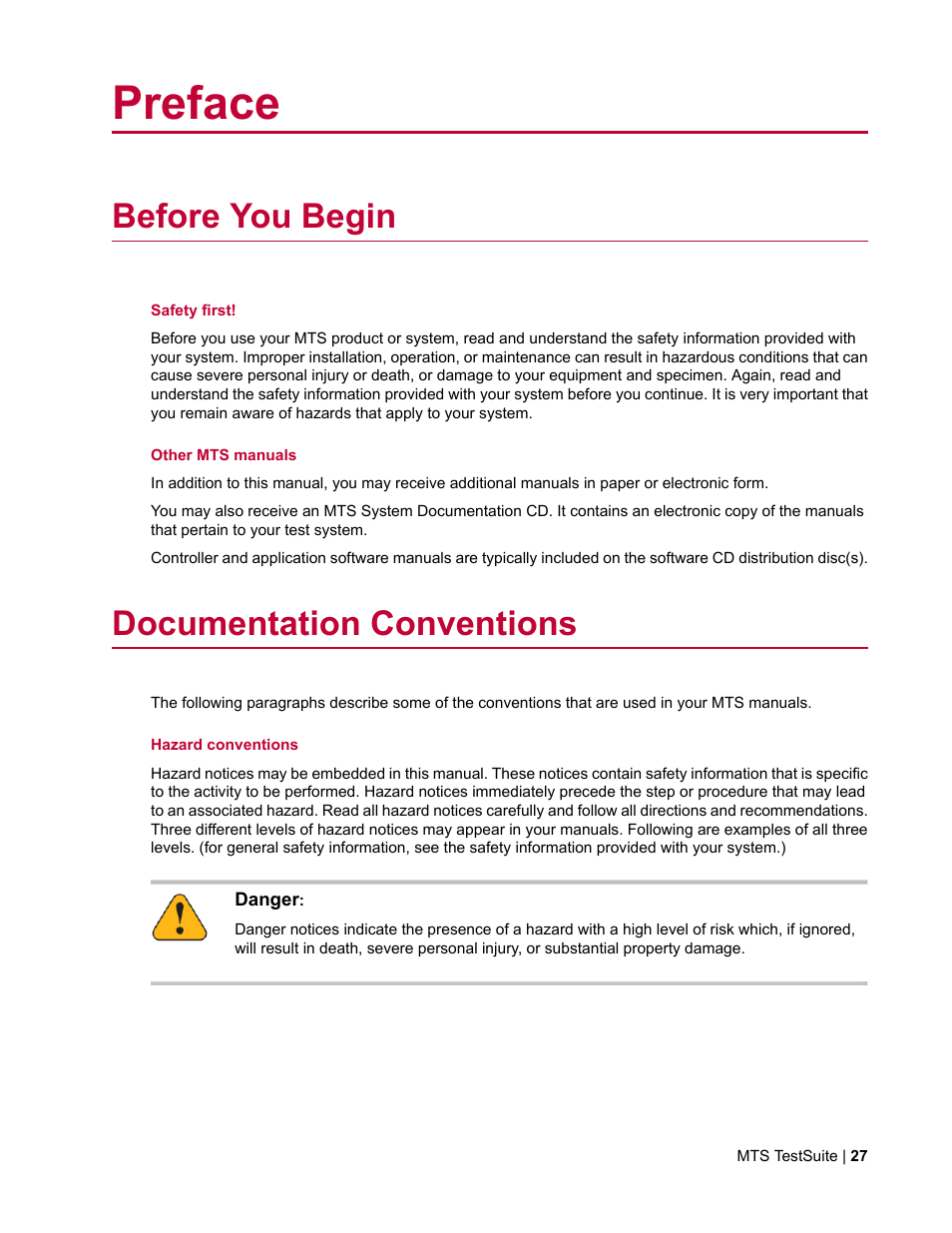 Preface, Before you begin, Documentation conventions | MTS Multipurpose Elite User Manual | Page 27 / 662