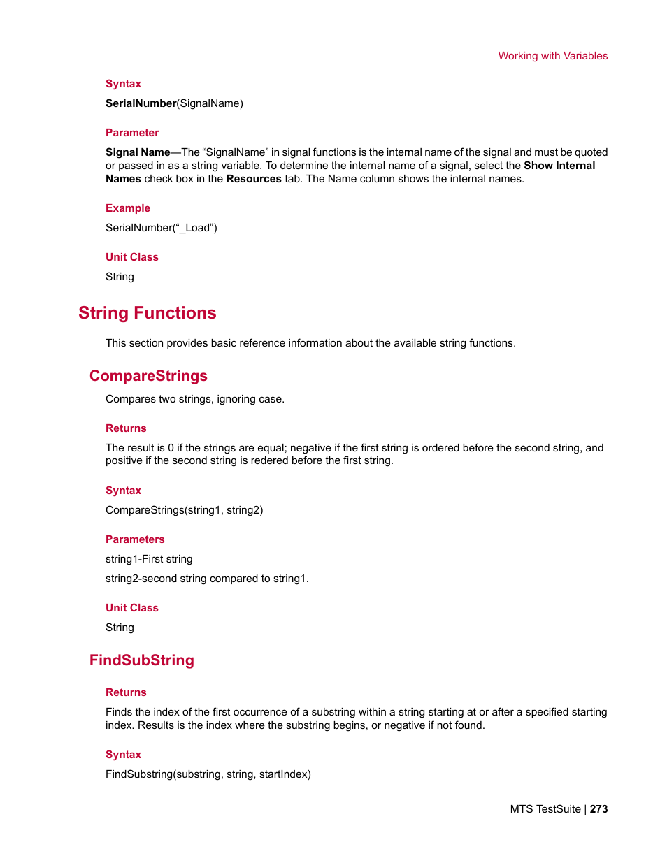 String functions, Comparestrings, Findsubstring | MTS Multipurpose Elite User Manual | Page 273 / 662