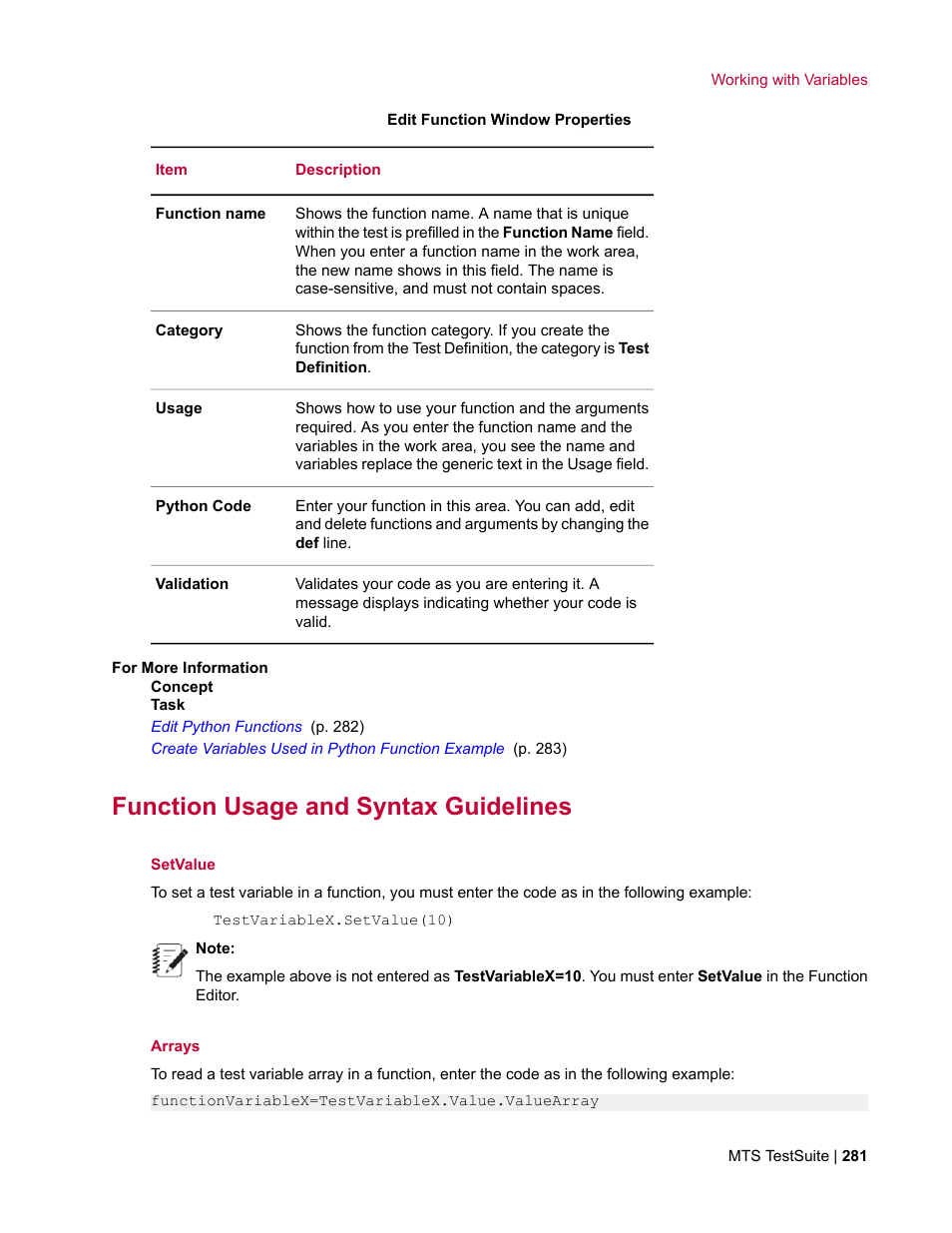 Function usage and syntax guidelines | MTS Multipurpose Elite User Manual | Page 281 / 662