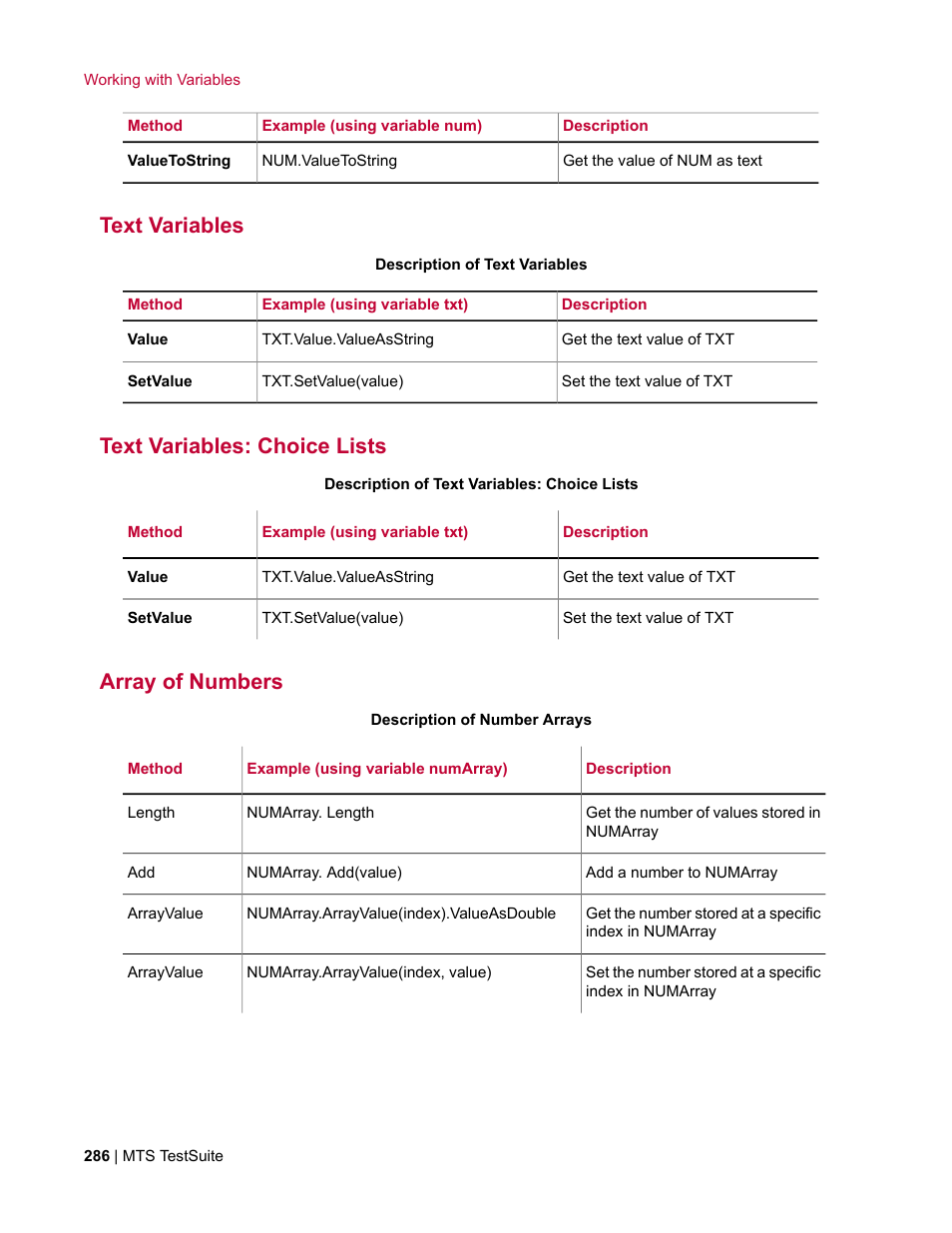 Text variables, Text variables: choice lists, Array of numbers | MTS Multipurpose Elite User Manual | Page 286 / 662