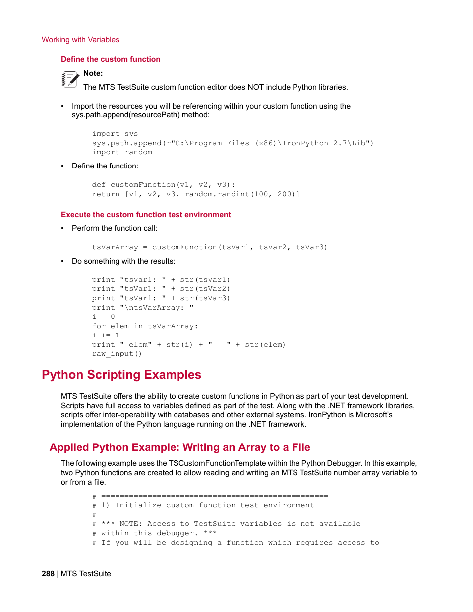 Python scripting examples, Applied python example: writing an array to a file | MTS Multipurpose Elite User Manual | Page 288 / 662