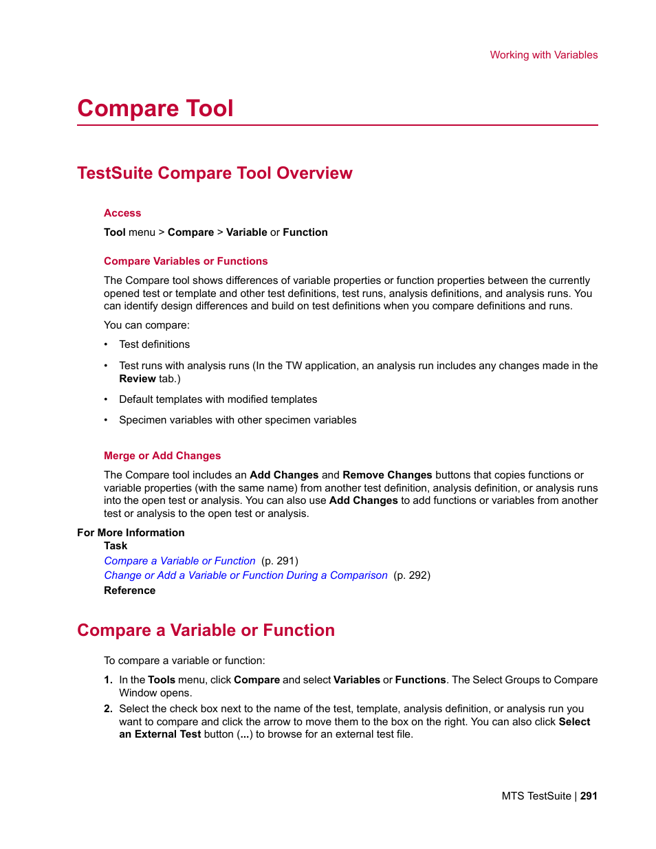 Compare tool, Testsuite compare tool overview, Compare a variable or function | MTS Multipurpose Elite User Manual | Page 291 / 662