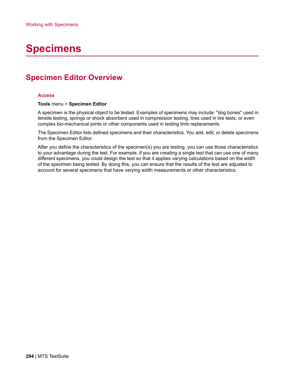 Specimens, Specimen editor overview | MTS Multipurpose Elite User Manual | Page 294 / 662
