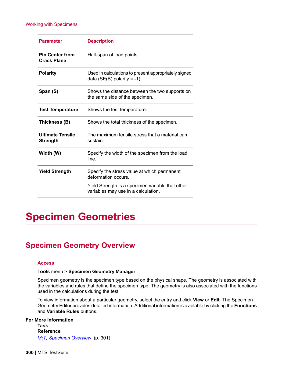 Specimen geometries, Specimen geometry overview | MTS Multipurpose Elite User Manual | Page 300 / 662