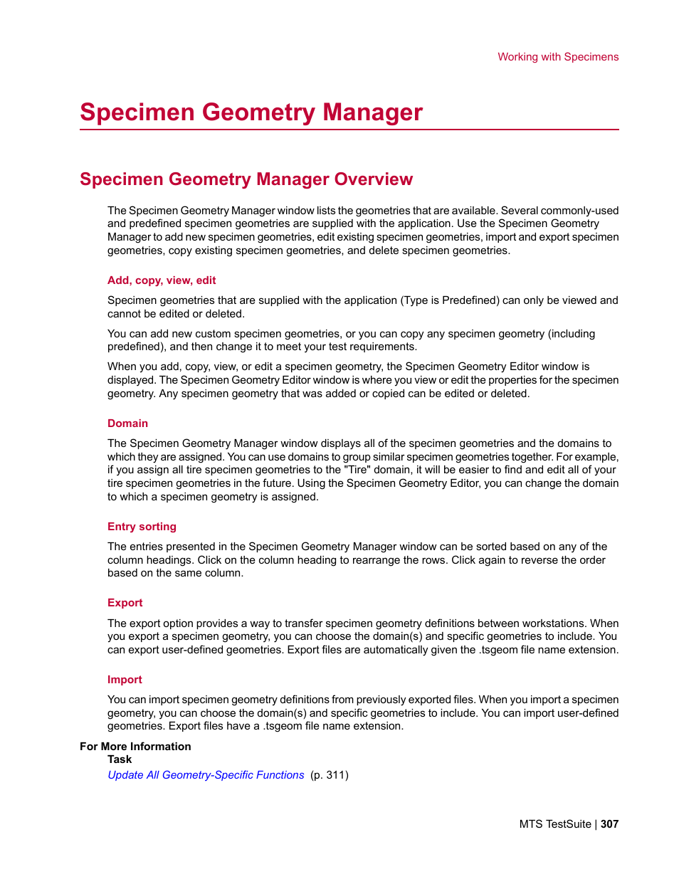 Specimen geometry manager, Specimen geometry manager overview | MTS Multipurpose Elite User Manual | Page 307 / 662