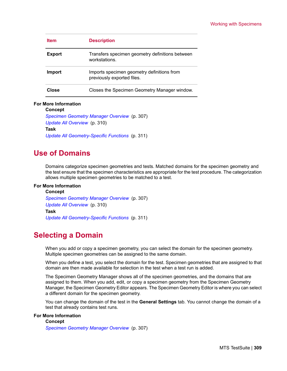 Use of domains, Selecting a domain | MTS Multipurpose Elite User Manual | Page 309 / 662