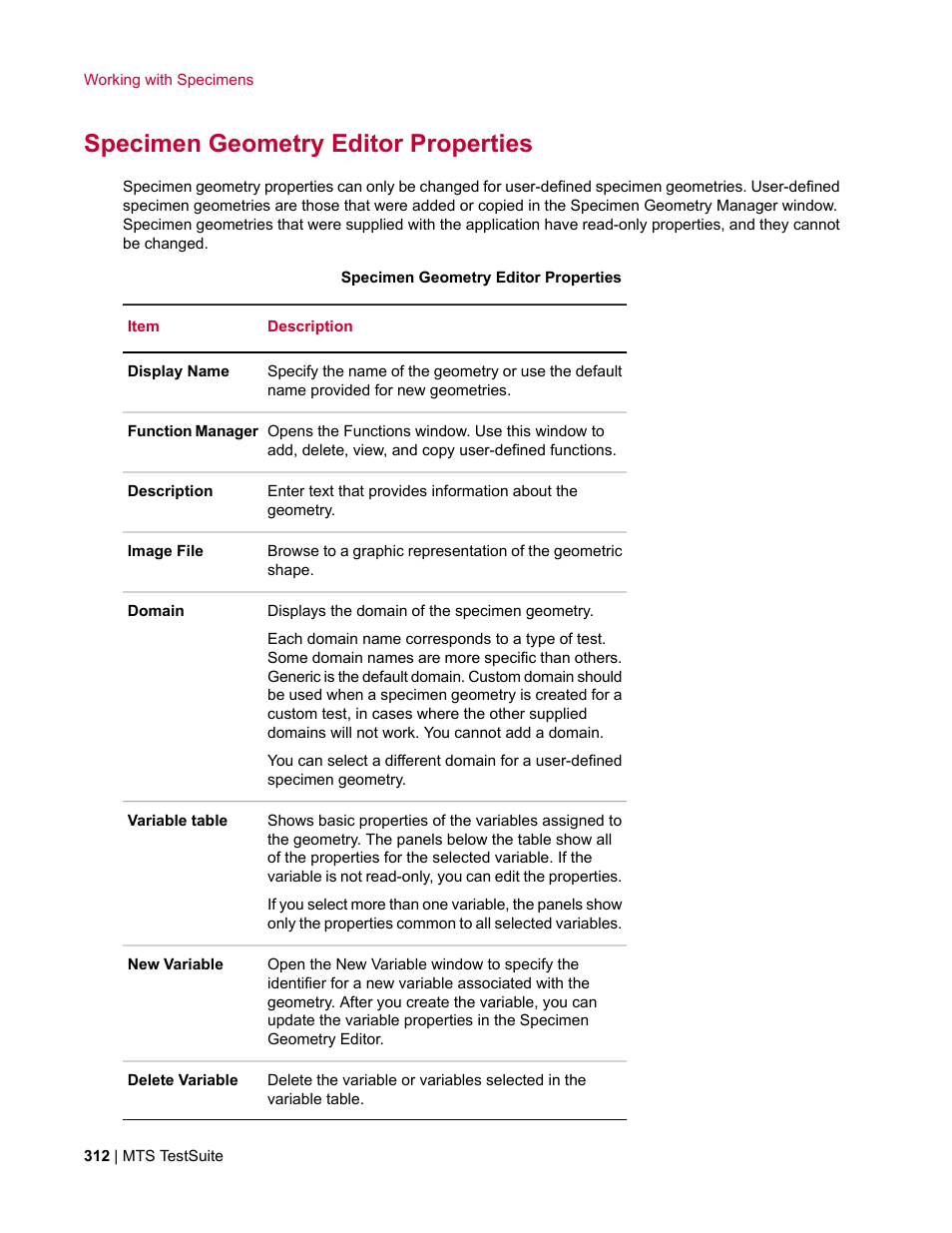 Specimen geometry editor properties | MTS Multipurpose Elite User Manual | Page 312 / 662