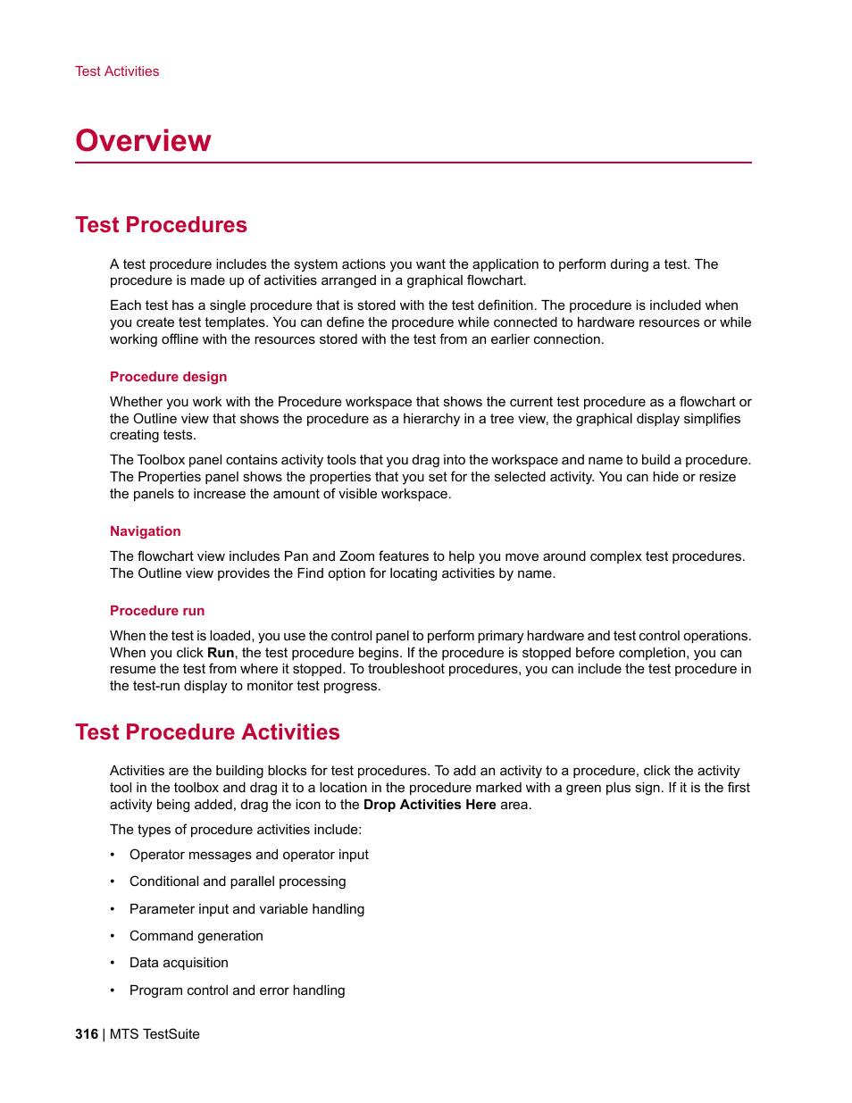 Overview, Test procedures, Test procedure activities | MTS Multipurpose Elite User Manual | Page 316 / 662