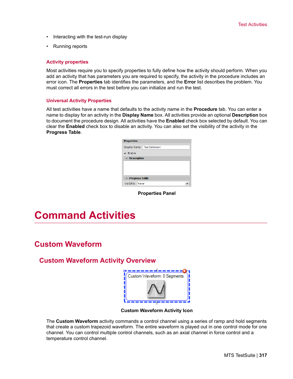 Command activities, Custom waveform, Custom waveform activity overview | MTS Multipurpose Elite User Manual | Page 317 / 662