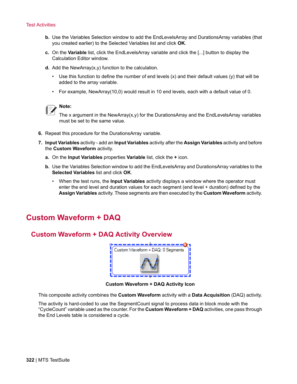Custom waveform + daq, Custom waveform + daq activity overview | MTS Multipurpose Elite User Manual | Page 322 / 662