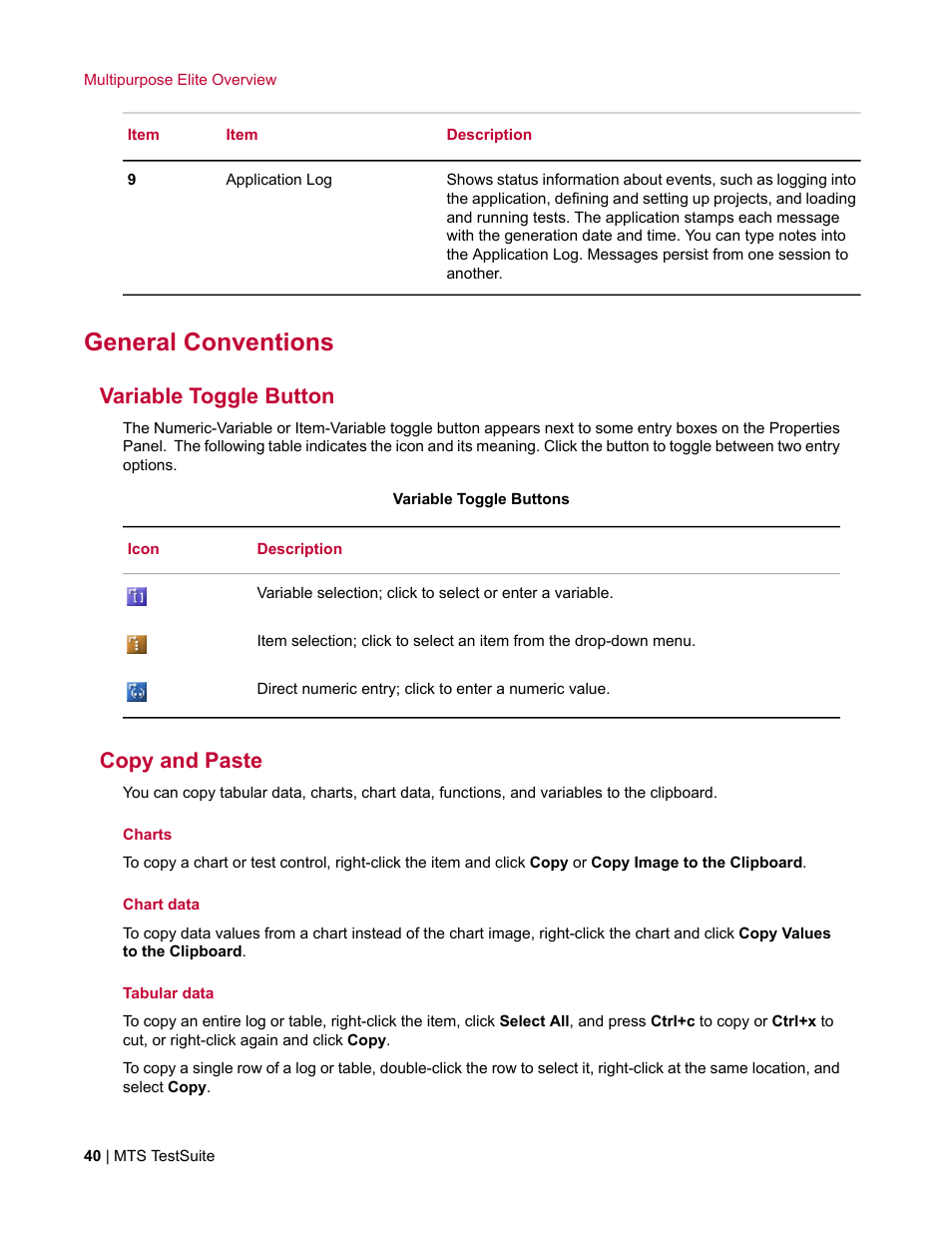 General conventions, Variable toggle button, Copy and paste | MTS Multipurpose Elite User Manual | Page 40 / 662