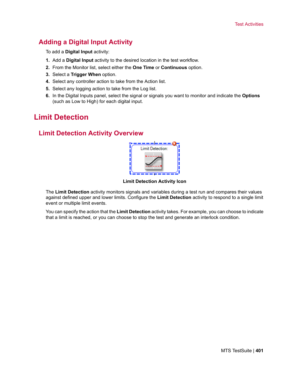 Adding a digital input activity, Limit detection, Limit detection activity overview | MTS Multipurpose Elite User Manual | Page 401 / 662