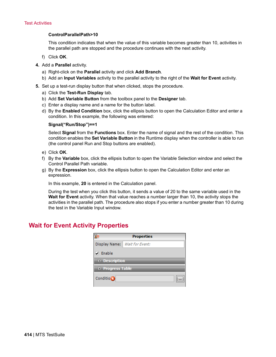 Wait for event activity properties | MTS Multipurpose Elite User Manual | Page 414 / 662