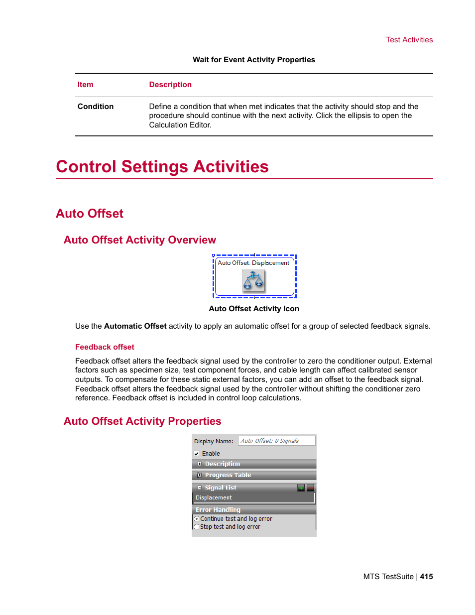 Control settings activities, Auto offset, Auto offset activity overview | Auto offset activity properties | MTS Multipurpose Elite User Manual | Page 415 / 662