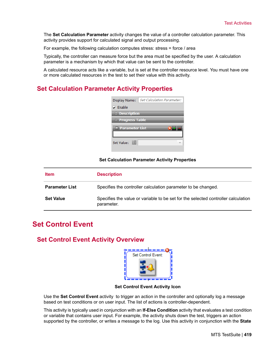 Set calculation parameter activity properties, Set control event, Set control event activity overview | MTS Multipurpose Elite User Manual | Page 419 / 662