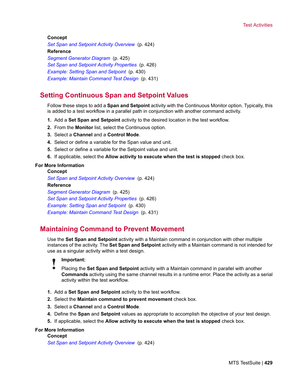 Setting continuous span and setpoint values, Maintaining command to prevent movement | MTS Multipurpose Elite User Manual | Page 429 / 662