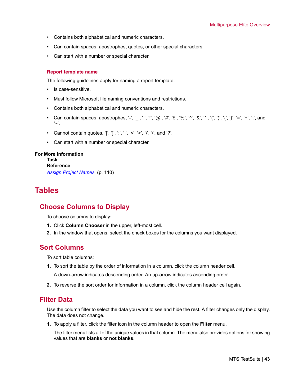 Tables, Choose columns to display, Sort columns | Filter data | MTS Multipurpose Elite User Manual | Page 43 / 662