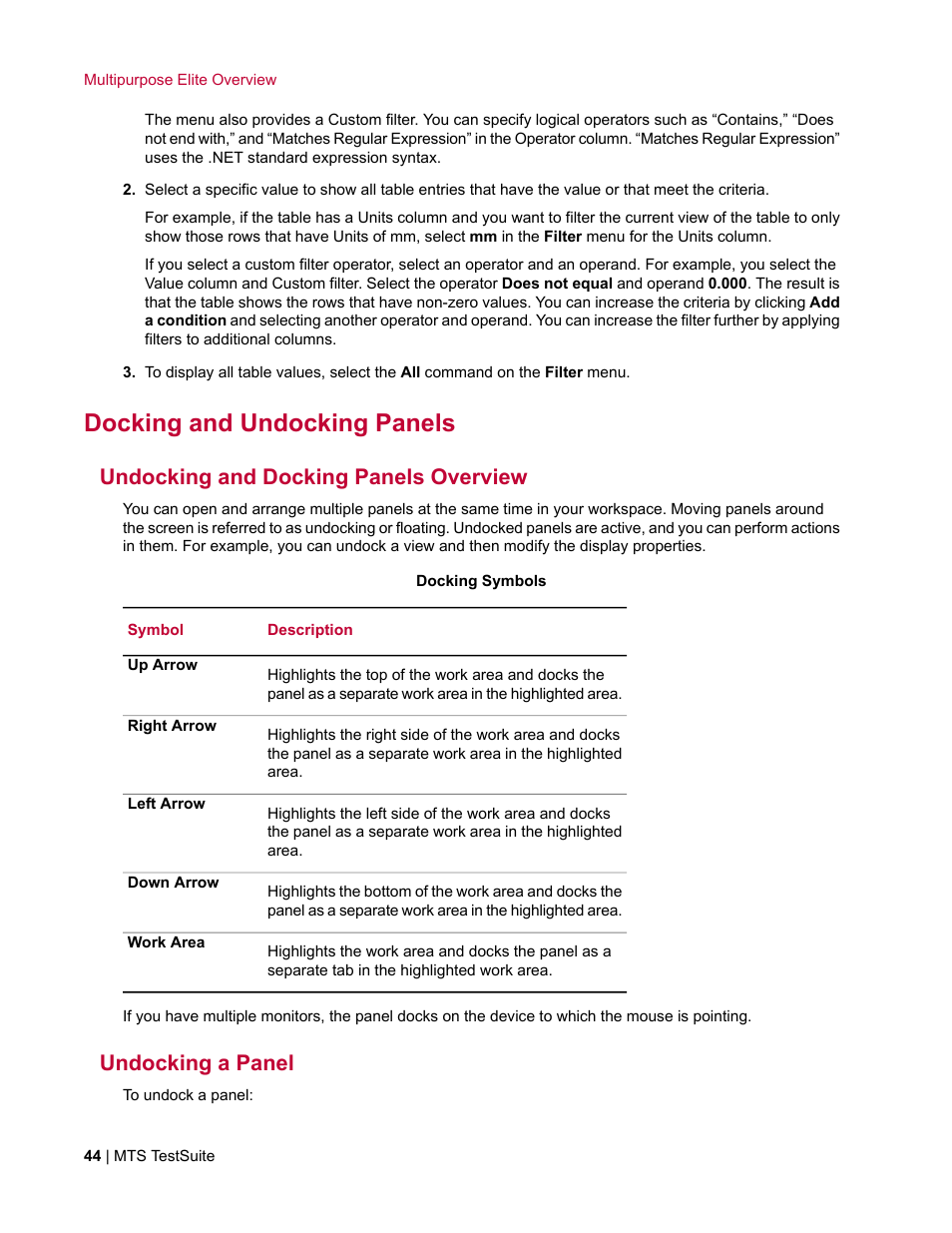 Docking and undocking panels, Undocking and docking panels overview, Undocking a panel | MTS Multipurpose Elite User Manual | Page 44 / 662