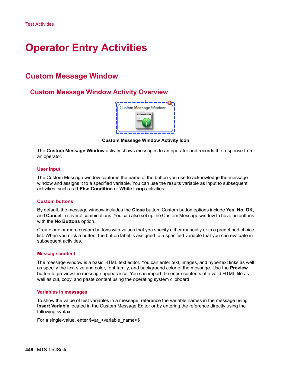 Operator entry activities, Custom message window, Custom message window activity overview | MTS Multipurpose Elite User Manual | Page 448 / 662