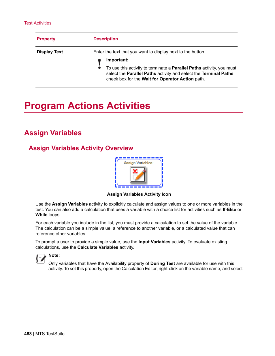 Program actions activities, Assign variables, Assign variables activity overview | MTS Multipurpose Elite User Manual | Page 458 / 662
