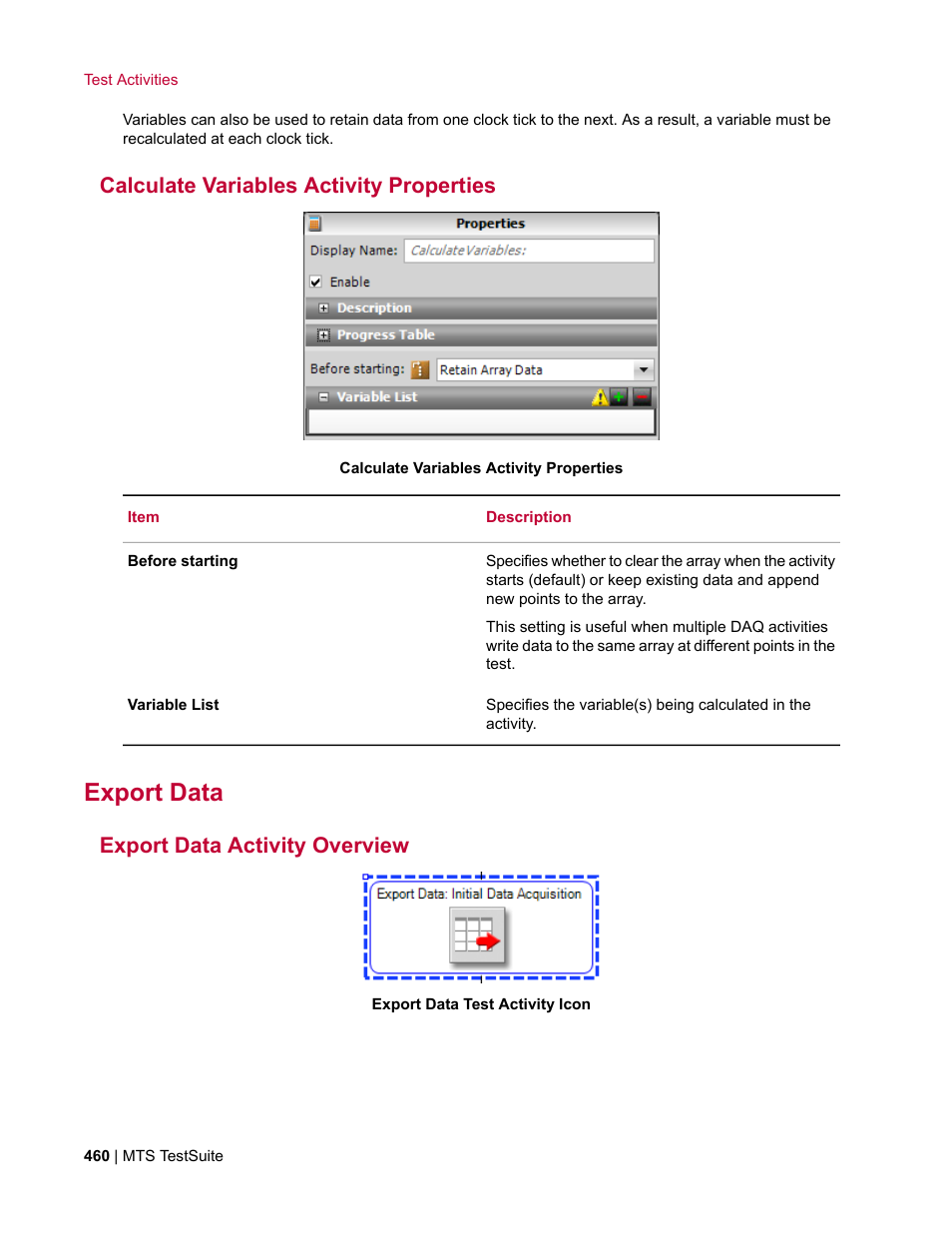 Calculate variables activity properties, Export data, Export data activity overview | MTS Multipurpose Elite User Manual | Page 460 / 662