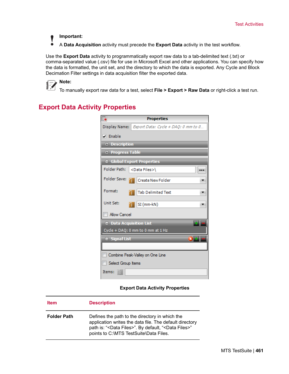 Export data activity properties | MTS Multipurpose Elite User Manual | Page 461 / 662