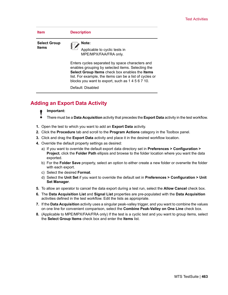 Adding an export data activity | MTS Multipurpose Elite User Manual | Page 463 / 662