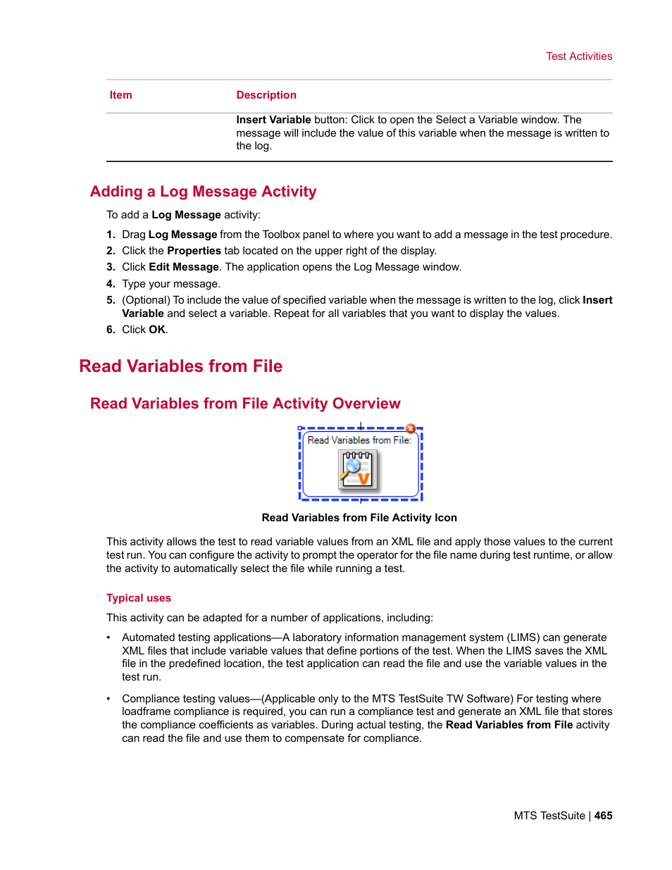 Adding a log message activity, Read variables from file, Read variables from file activity overview | MTS Multipurpose Elite User Manual | Page 465 / 662