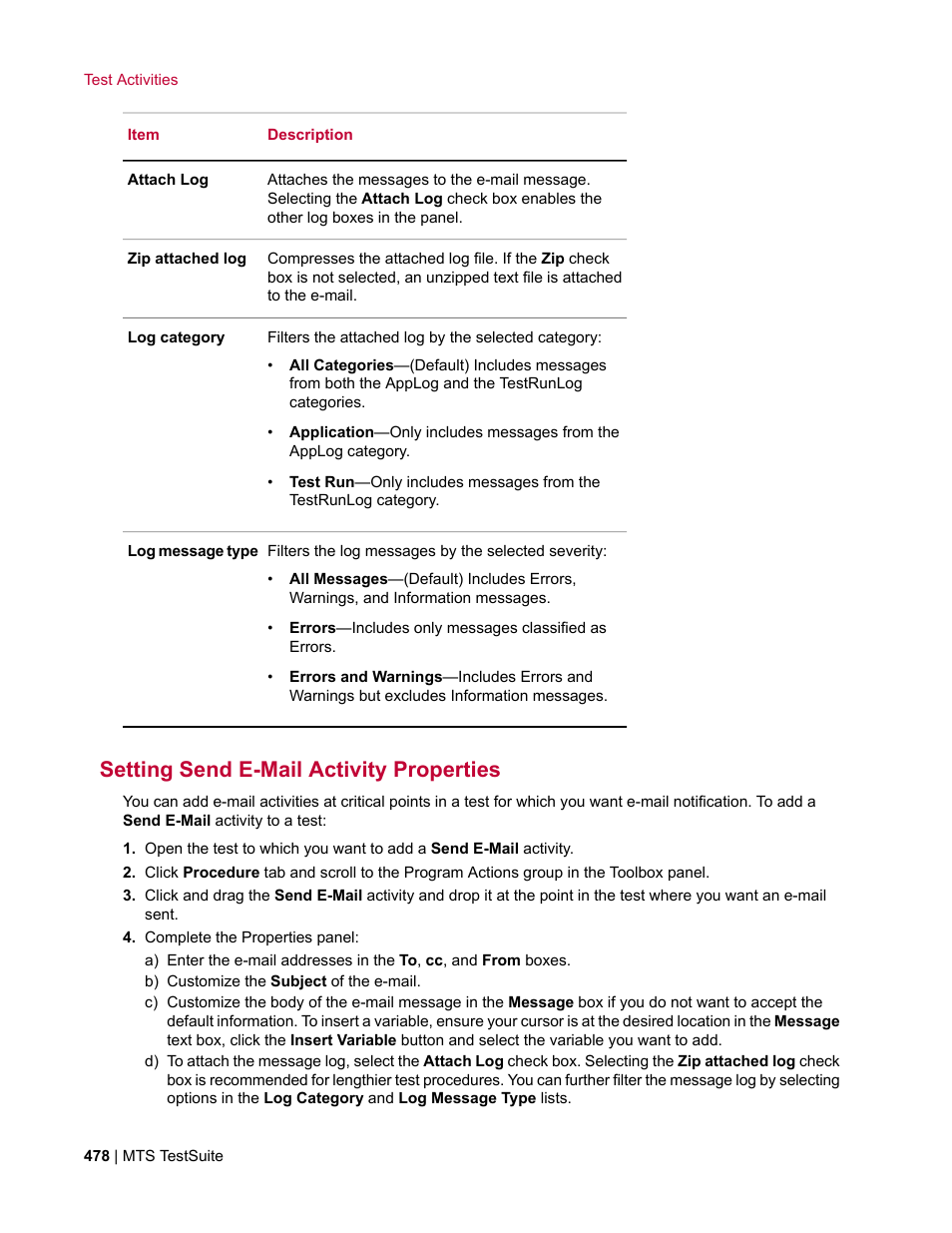 Setting send e-mail activity properties | MTS Multipurpose Elite User Manual | Page 478 / 662