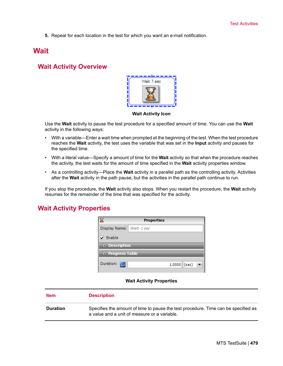 Wait, Wait activity overview, Wait activity properties | MTS Multipurpose Elite User Manual | Page 479 / 662