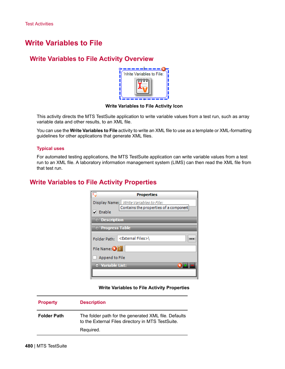 Write variables to file, Write variables to file activity overview, Write variables to file activity properties | MTS Multipurpose Elite User Manual | Page 480 / 662