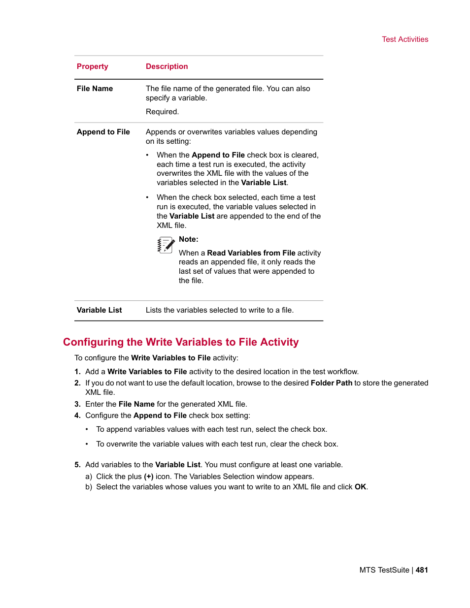 Configuring the write variables to file activity | MTS Multipurpose Elite User Manual | Page 481 / 662