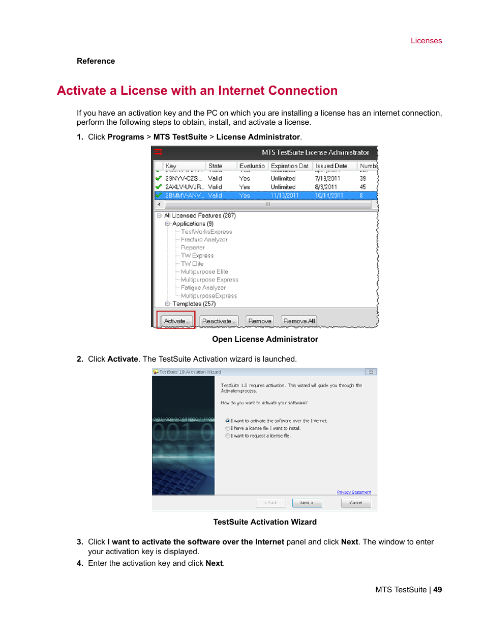 Activate a license with an internet connection | MTS Multipurpose Elite User Manual | Page 49 / 662
