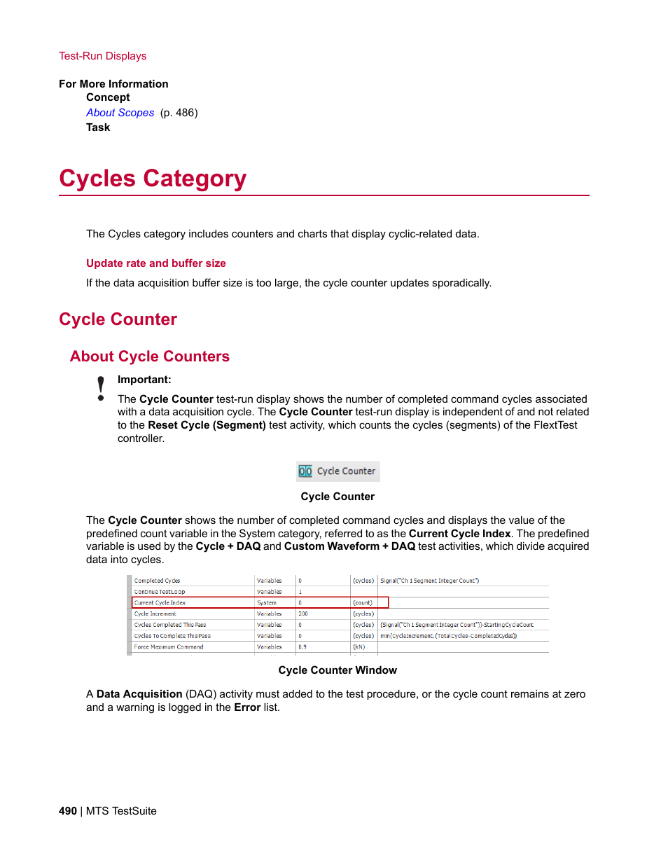 Cycles category, Cycle counter, About cycle counters | MTS Multipurpose Elite User Manual | Page 490 / 662