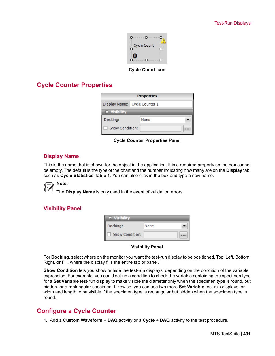 Cycle counter properties, Display name, Visibility panel | Configure a cycle counter | MTS Multipurpose Elite User Manual | Page 491 / 662