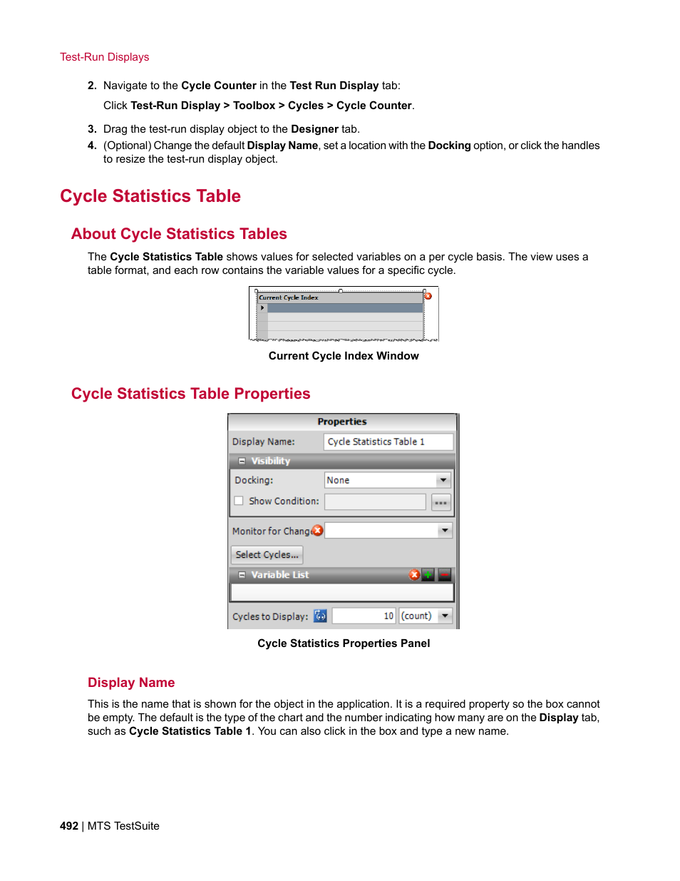 Cycle statistics table, About cycle statistics tables, Cycle statistics table properties | Display name | MTS Multipurpose Elite User Manual | Page 492 / 662