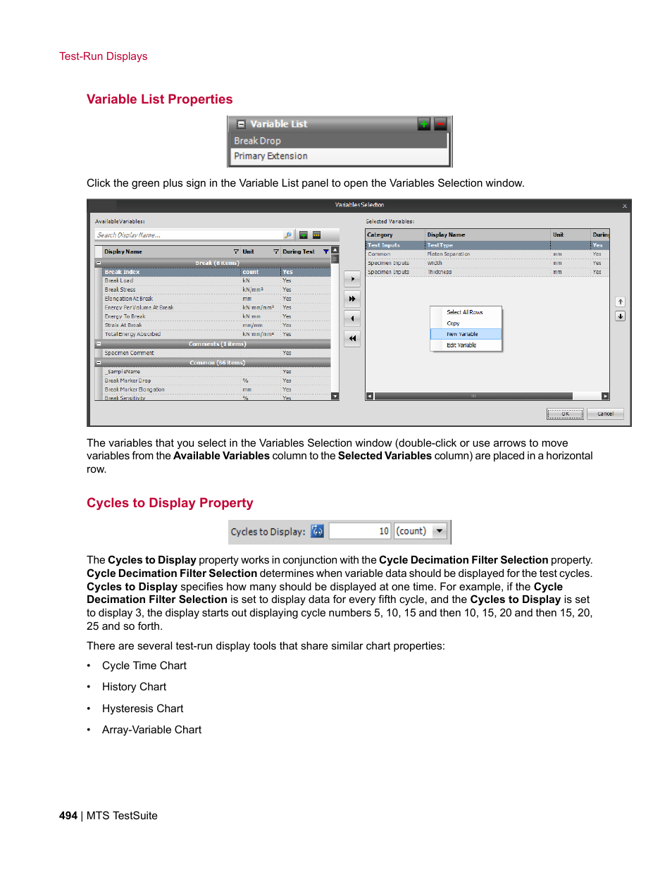 Variable list properties, Cycles to display property | MTS Multipurpose Elite User Manual | Page 494 / 662